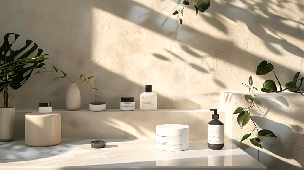 Sélection de produits de beauté cosmétiques skincare dans un décor élégant épuré de luxe accessible par Élite Sélect
