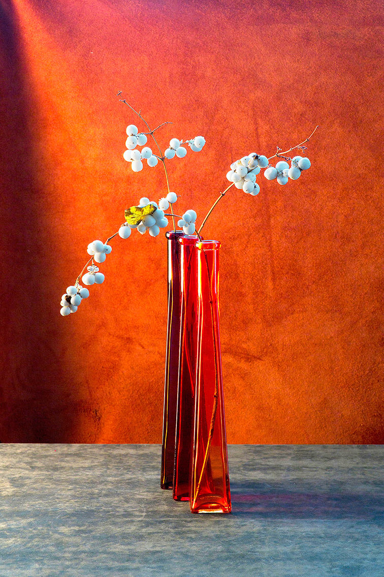 Vases assortis en verre coloré avec branches de baies blanc-bleuté sur fond orange, style Élite Sélect.
