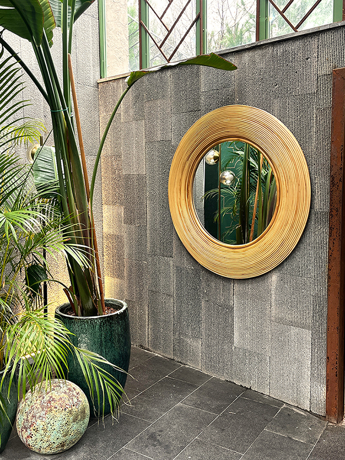 Grand miroir rond doré accroché à un mur gris et reflétant des plantes exotiques en pot
