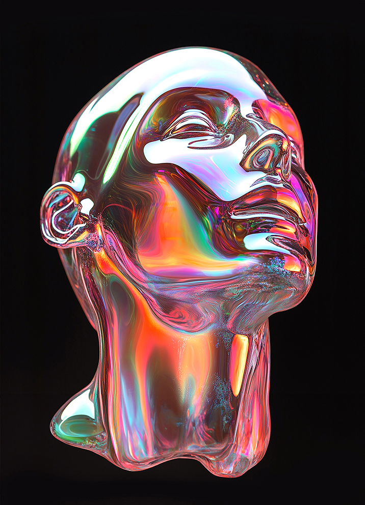 Sculpture en verre lisse comme un miroir représentant une tête féminine avec des reflets irrisés sur fond noir