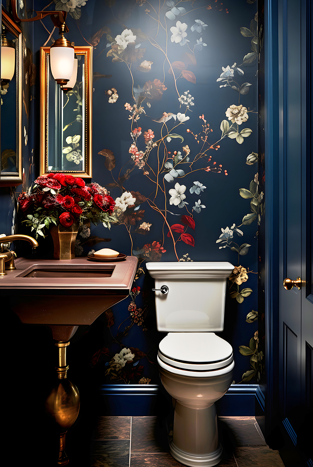 Cabinet de toilette noir néo-baroque avec papier peint floral sombre, miroir doré et éclairage tamisé haut de gamme style AD